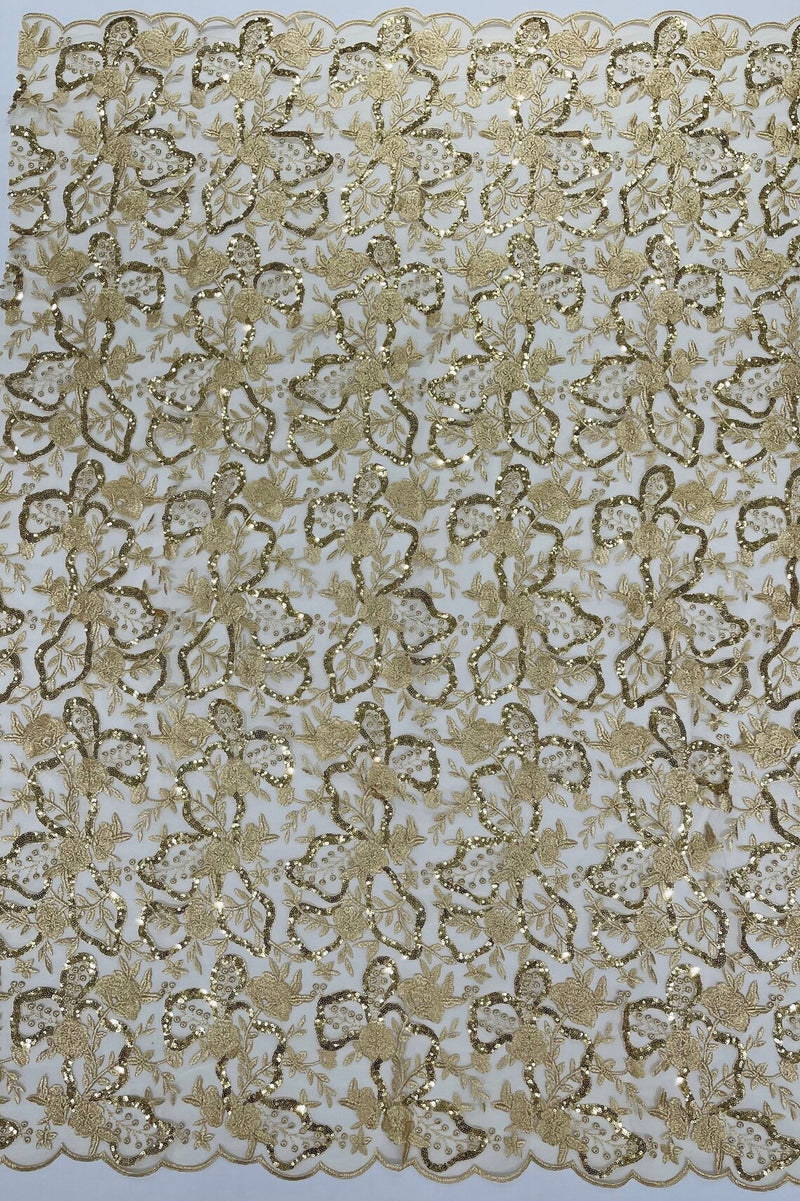 Small Flower Sequins Lace Fabric - Champagne - Embroidered Floral Pattern Fabric with Sequins on Lace By Yard