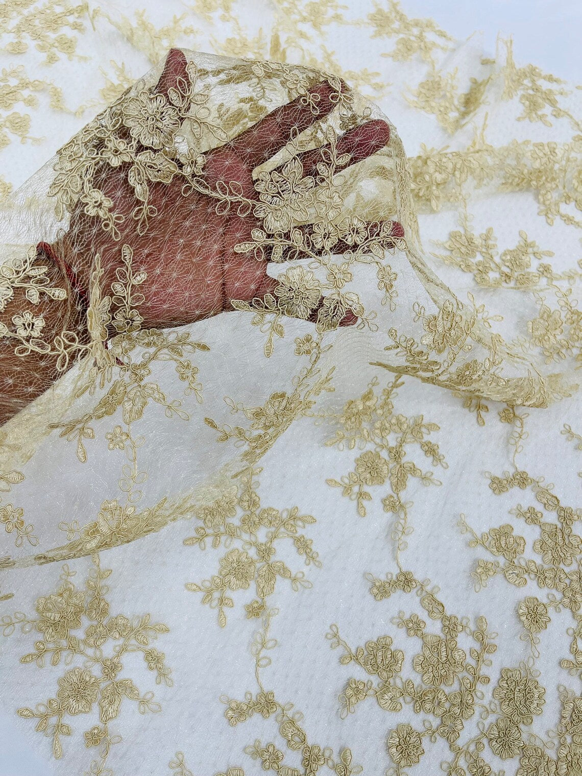 Embroidered Corded Lace Fabric - Champagne - Cluster Fancy Flower Embroidered Lace Fabric By Yard