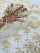 Embroidered Corded Lace Fabric - Champagne - Cluster Fancy Flower Embroidered Lace Fabric By Yard