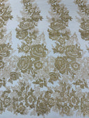 Rose Glitter Fabric - Champagne - 3D Glitter Rose Tulle Fabric for Wedding, Quinceañera By Yard