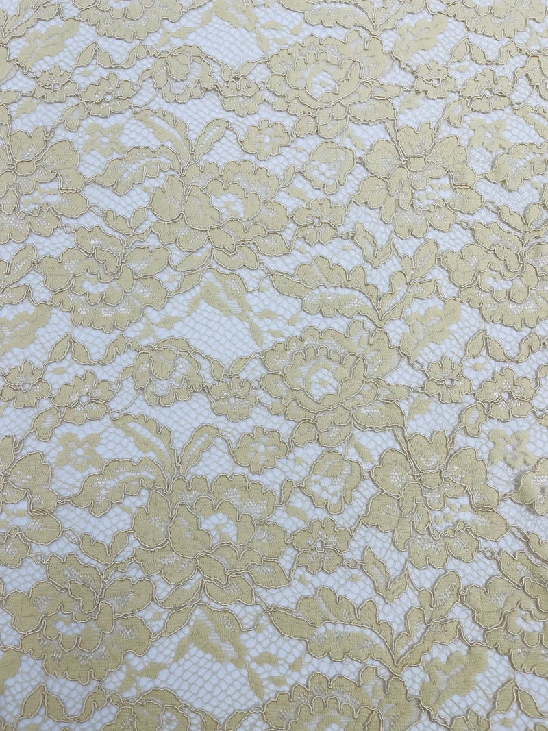 Corded Lace Fabric - Champagne - Embroidered Flower Design Lace Fabric Sold By Yard