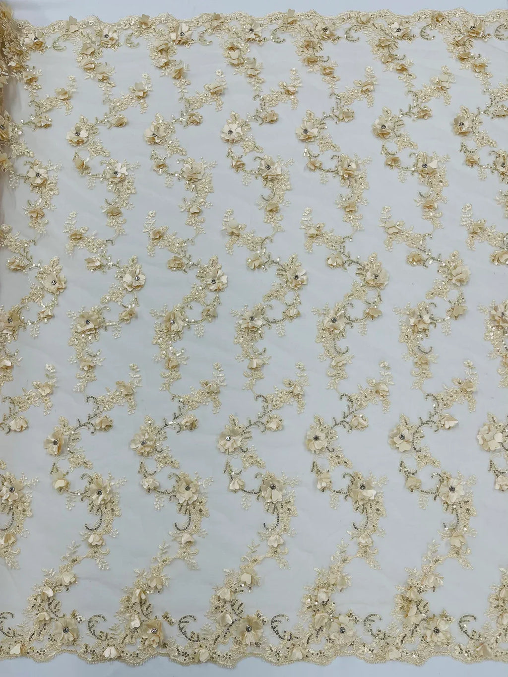 3D Lace Flower Fabric - Champagne - Embroidered Sequins and 3D Floral Patterns on Lace By Yard