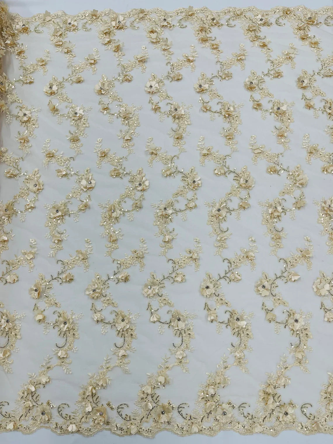 3D Lace Flower Fabric - Champagne - Embroidered Sequins and 3D Floral Patterns on Lace By Yard