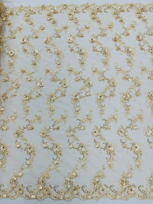 3D Lace Flower Fabric - Champagne - Embroidered Sequins and 3D Floral Patterns on Lace By Yard