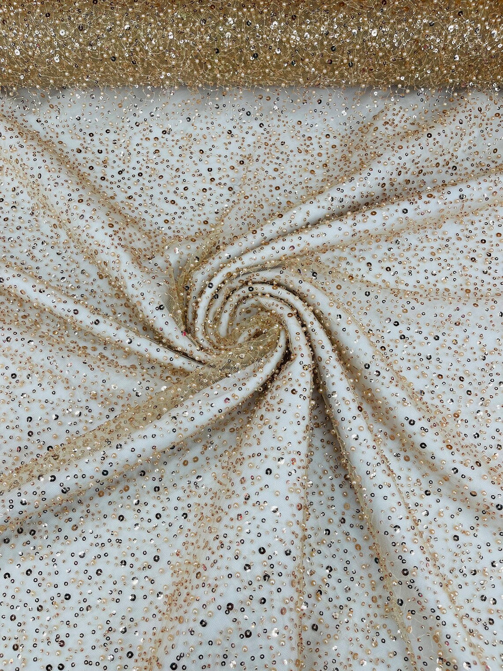3D Beaded Mesh Fabric - Champagne - Embroidered Beaded Lace Mesh Fabric with Small Sequins Sold By Yard