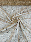 3D Beaded Mesh Fabric - Champagne - Embroidered Beaded Lace Mesh Fabric with Small Sequins Sold By Yard