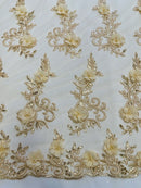 3D Flower Cluster Fabric - Champagne - 3D Flower Leaf Design Fabric with Pearls Sold By Yard