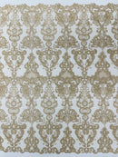 King Lace Pattern Fabric - Champagne - Embroidered Sequins on Lace Mesh Fabric By Yard     4231