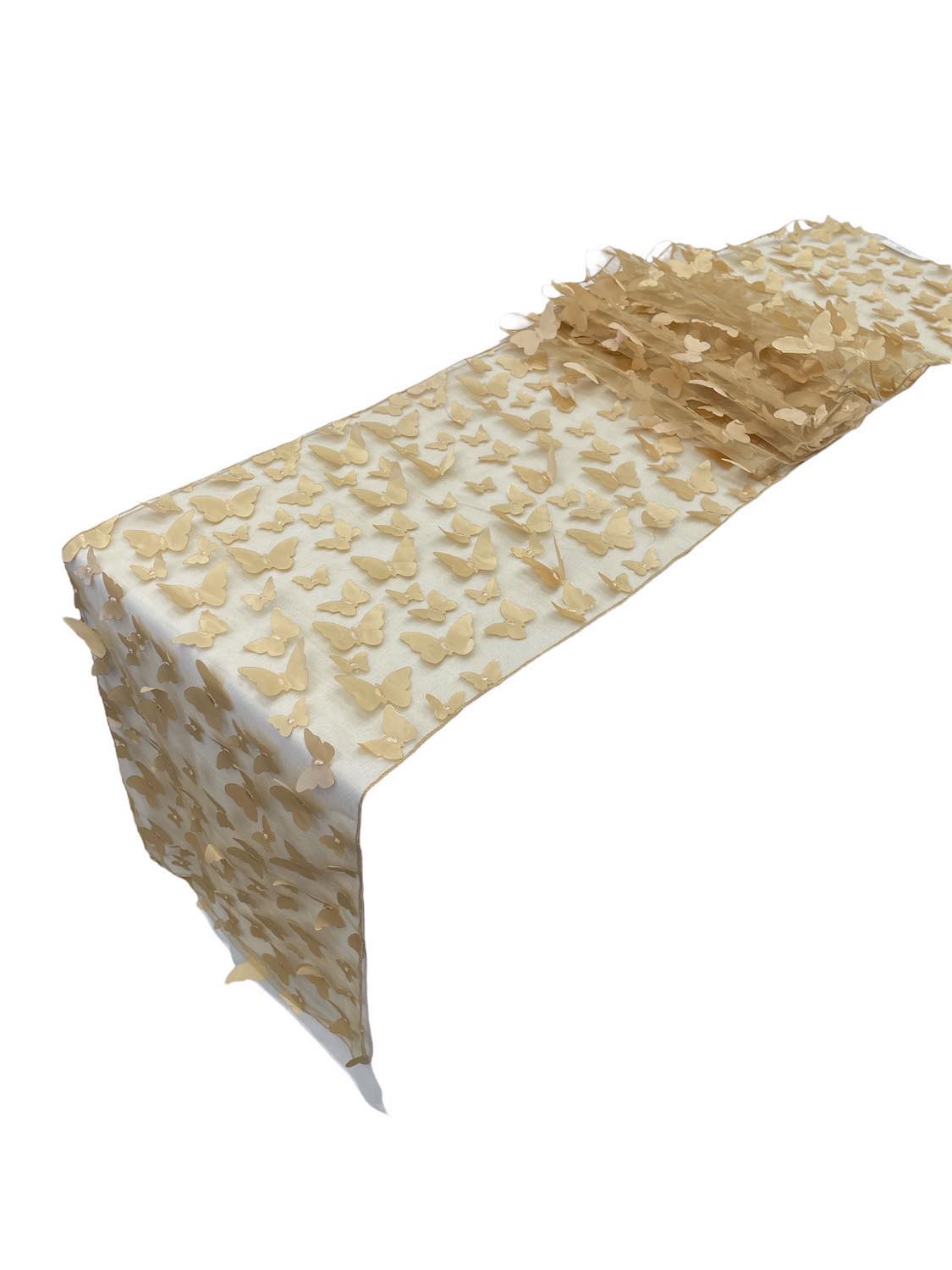 3D Butterfly Table Runner - Champagne - 12" x 90"  3D Butterfly Sheer Mesh Table Runner