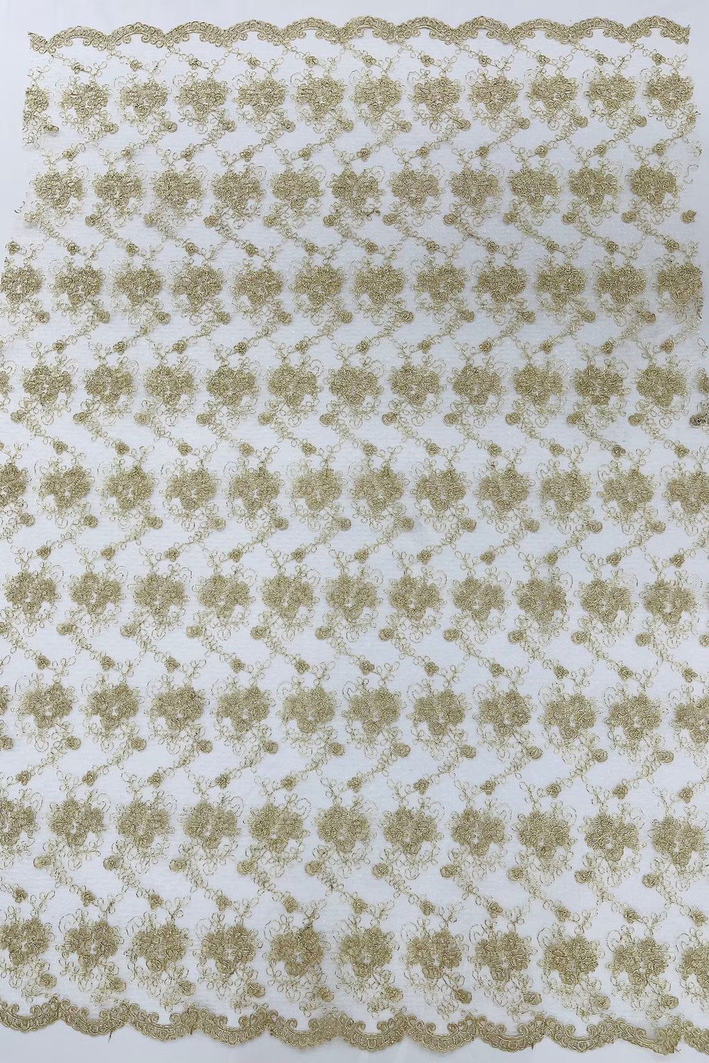 Embroidered Flower Fabric - Champagne - Floral Design Scalloped Border Fabric By Yard