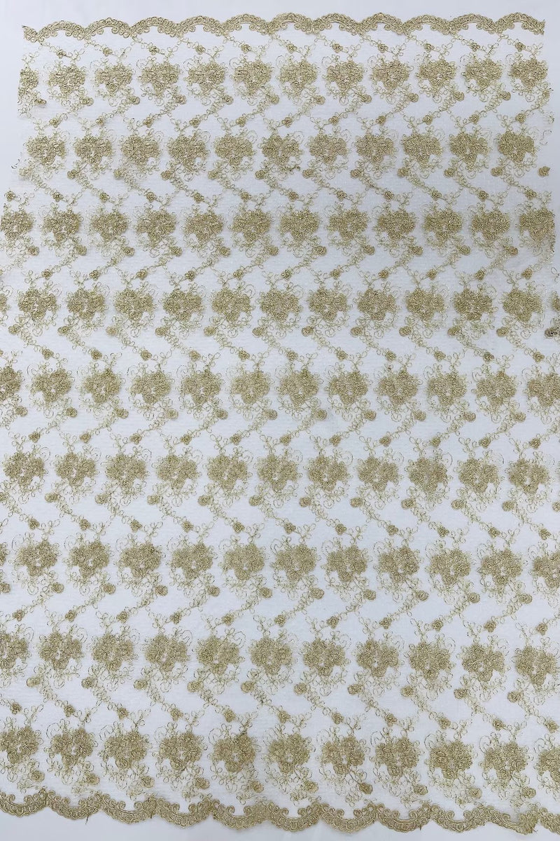Embroidered Flower Fabric - Champagne - Floral Design Scalloped Border Fabric By Yard