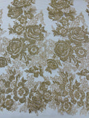 Rose Glitter Fabric - Champagne - 3D Glitter Rose Tulle Fabric for Wedding, Quinceañera By Yard