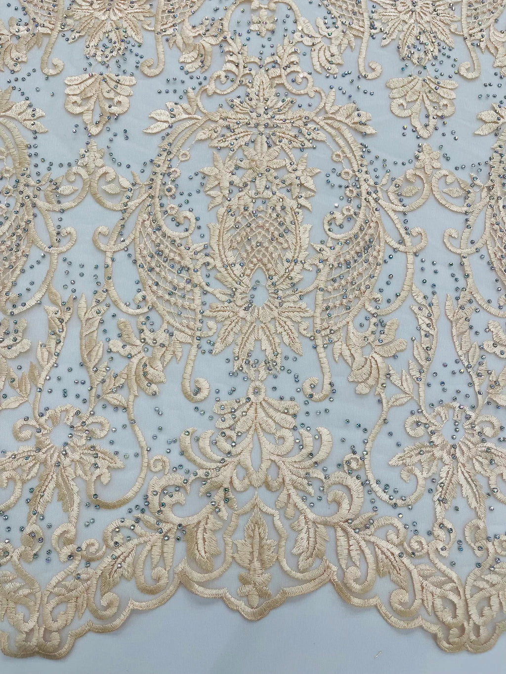 Damask Rhinestone Fabric - Champagne - Beaded Embroidery Corded Lace Fabric Sold by Yard