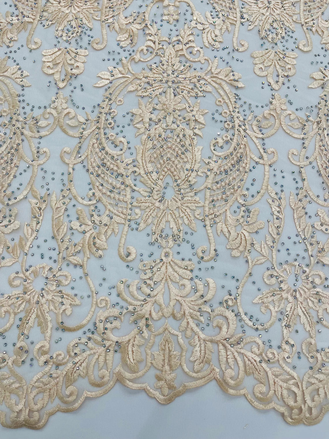 Damask Rhinestone Fabric - Champagne - Beaded Embroidery Corded Lace Fabric Sold by Yard