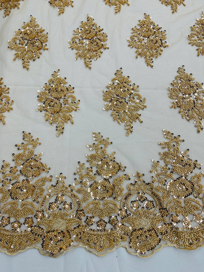 Heavy Beaded Floral Fabric - Champagne - Luxury Heavy Duty Bead Bridal Floral Cluster Lace Fabric by the yard