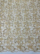 Small Flower Sequins Lace Fabric - Champagne - Embroidered Floral Pattern Fabric with Sequins on Lace By Yard
