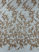Leaf Plant Glitter Design Fabric - Champagne - Beaded Embroidered Leaves Design on Mesh By Yard