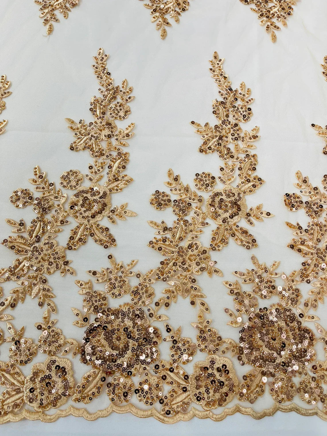 Beaded Rose Flower Fabric - Champagne - Embroidered Beaded Long Border Floral Fabric By Yard