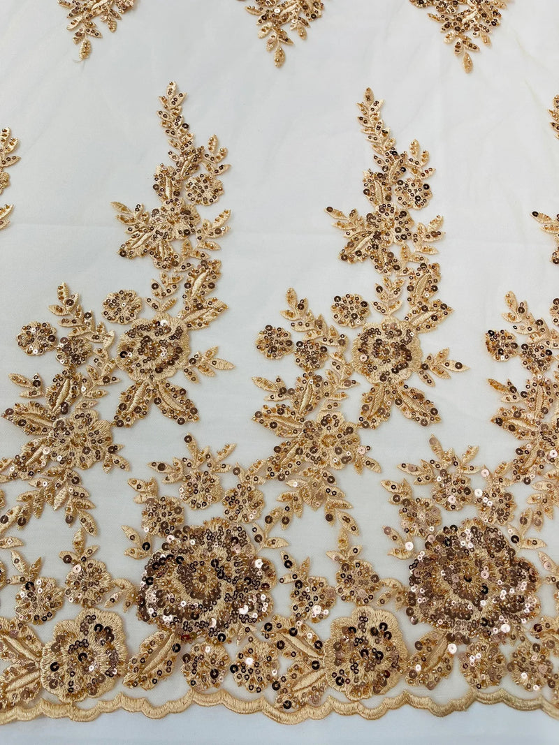 Beaded Rose Flower Fabric - Champagne - Embroidered Beaded Long Border Floral Fabric By Yard