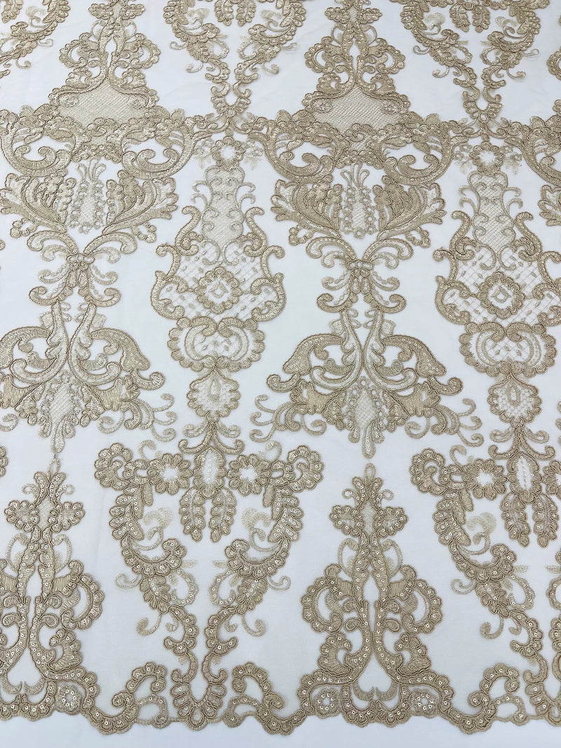 King Lace Pattern Fabric - Champagne - Embroidered Sequins on Lace Mesh Fabric By Yard     4231