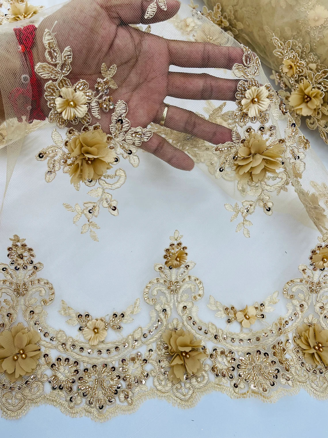 3D Floral Pearl Design - Champagne - Floral Embroidered Pearls and Sequins Fabric By Yard