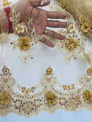 3D Floral Pearl Design - Champagne - Floral Embroidered Pearls and Sequins Fabric By Yard