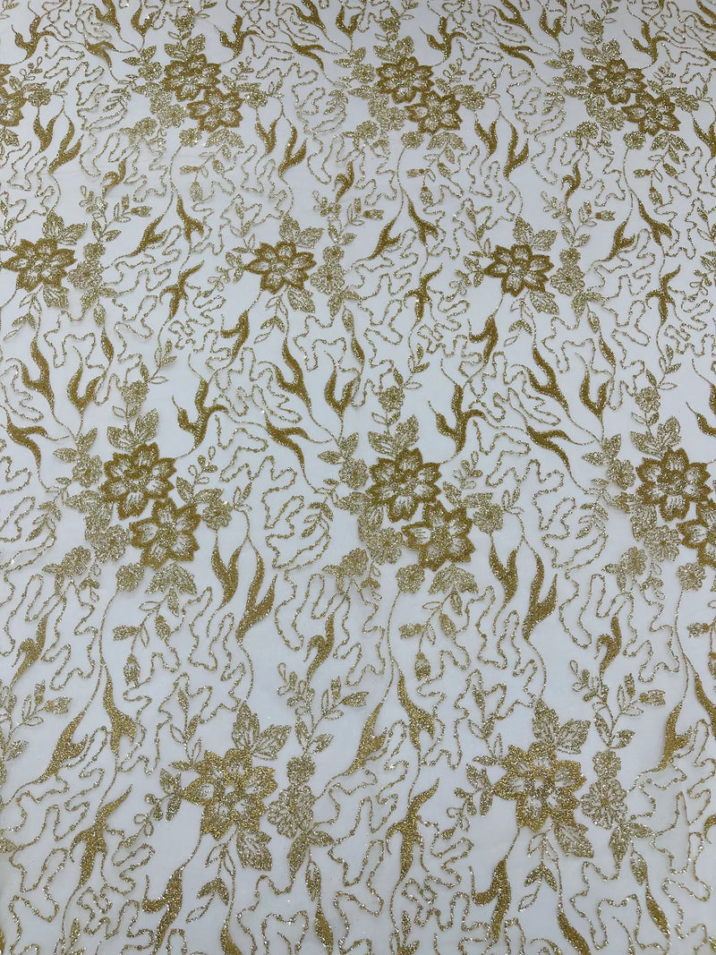 Flower Glitter Fabric - Champagne - 3D Floral Tulle Fabric for Wedding, Quinceañera By Yard