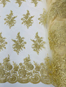 Floral Lace Flower Fabric - Champagne - Floral Embroidered Fabric with Sequins on Lace By Yard