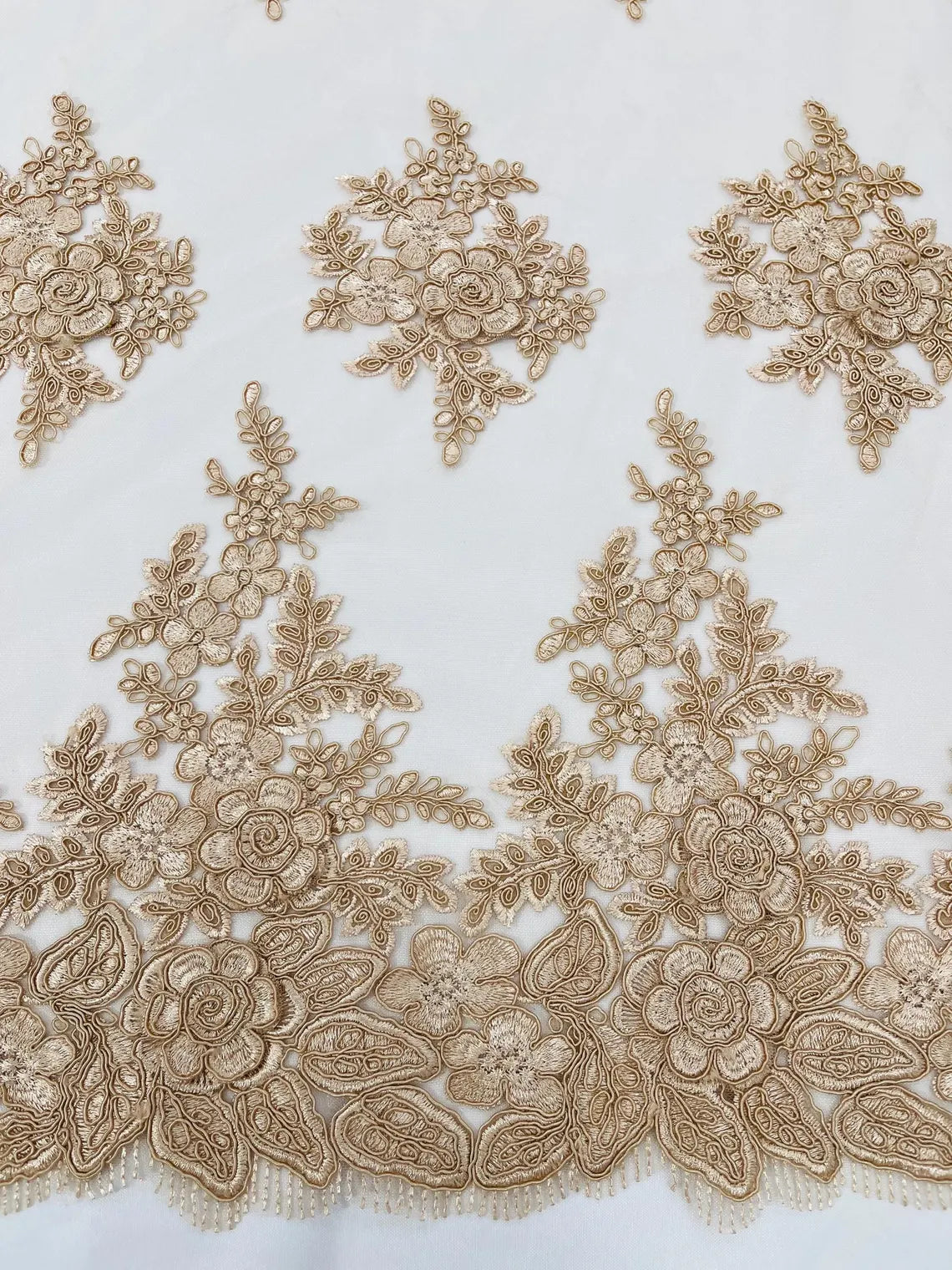Corded Floral 3D Fabric - Champagne - Embroidered Floral Design on Lace Mesh Fabric by Yard