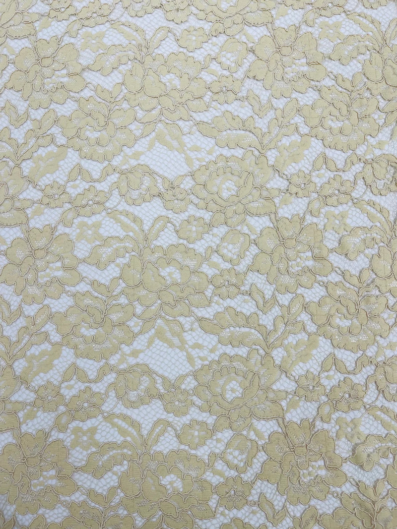 Corded Lace Fabric - Champagne - Embroidered Flower Design Lace Fabric Sold By Yard