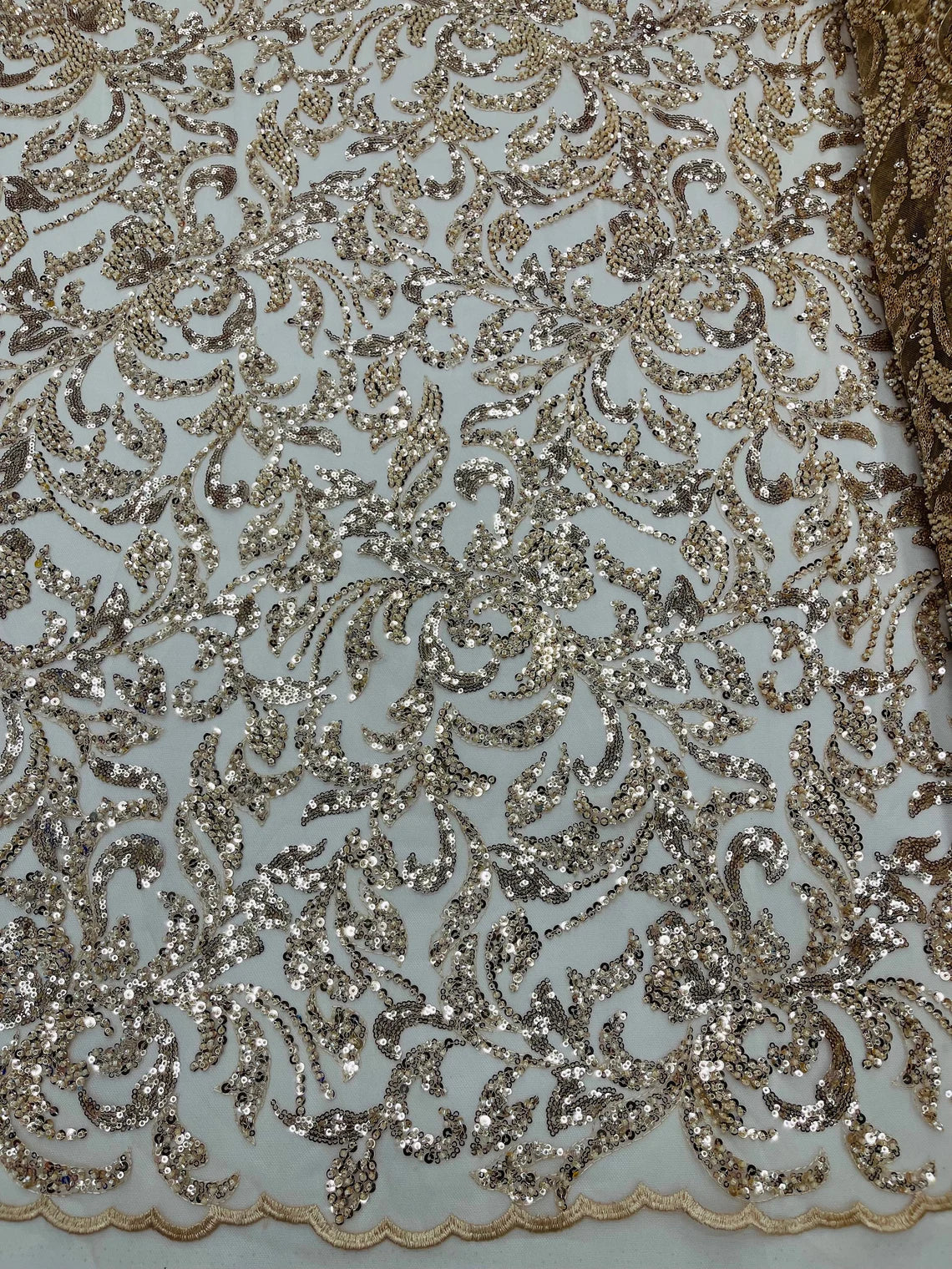 Beaded Flower Leaf Fabric - Champagne - Shiny Beads and Sequins in Flower Design on Lace by Yard