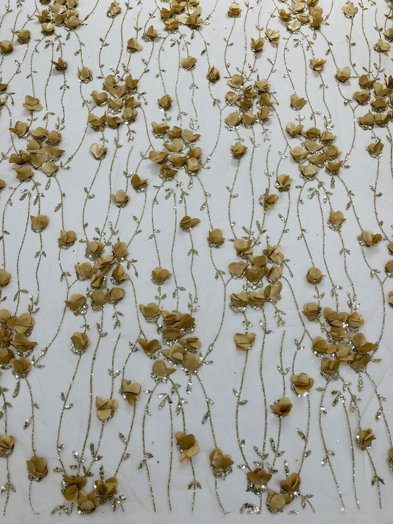 3D Glitter Floral Fabric - Champagne - 3D Flowers with Sequins and Glitter on Mesh Sold By Yard