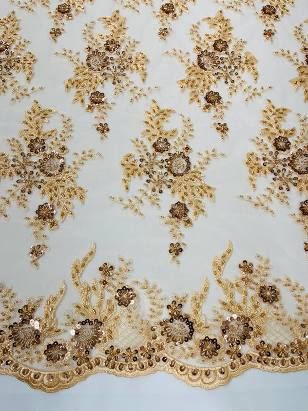 Beaded Flower Sequins Fabric - Champagne - Embroidered Beaded Floral Clusters Sequins Fabric By Yard