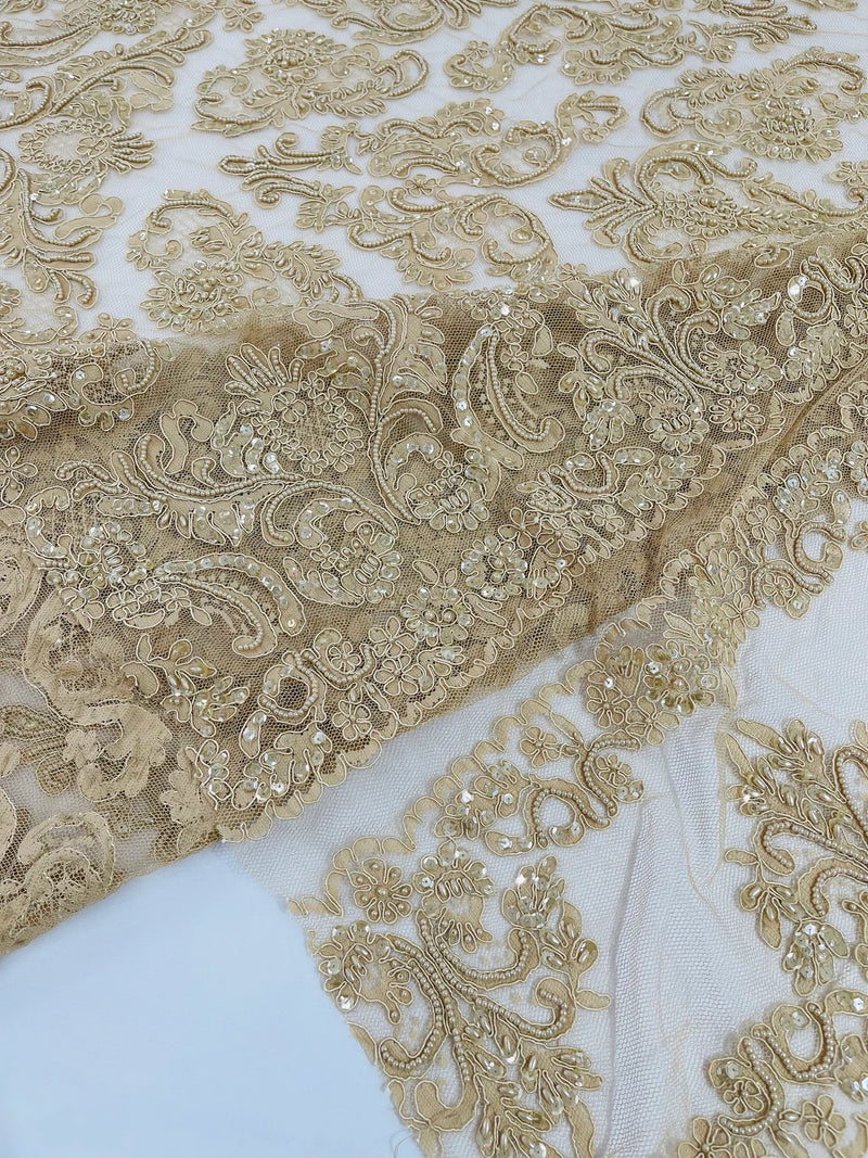 Beaded My Lady Damask Design - Champagne - Beaded Fancy Damask Embroidered Fabric By Yard