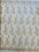 3D Flower Cluster Fabric - Champagne - 3D Flower Leaf Design Fabric with Pearls Sold By Yard
