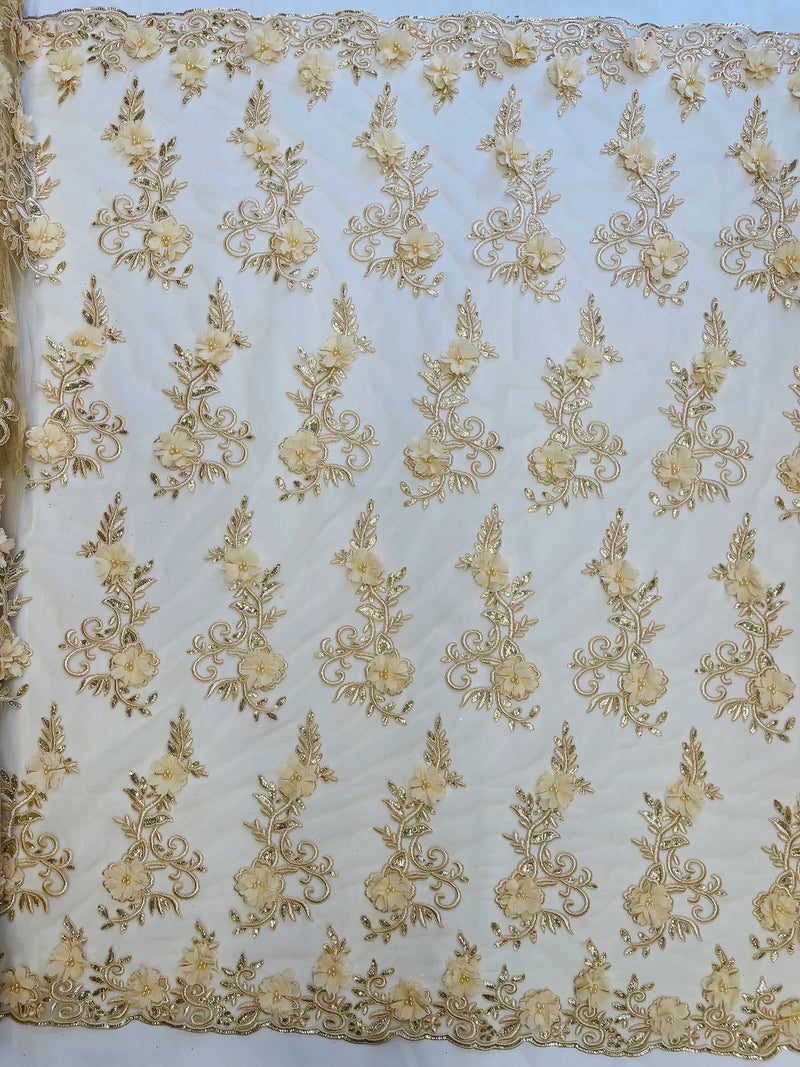 3D Flower Cluster Fabric - Champagne - 3D Flower Leaf Design Fabric with Pearls Sold By Yard