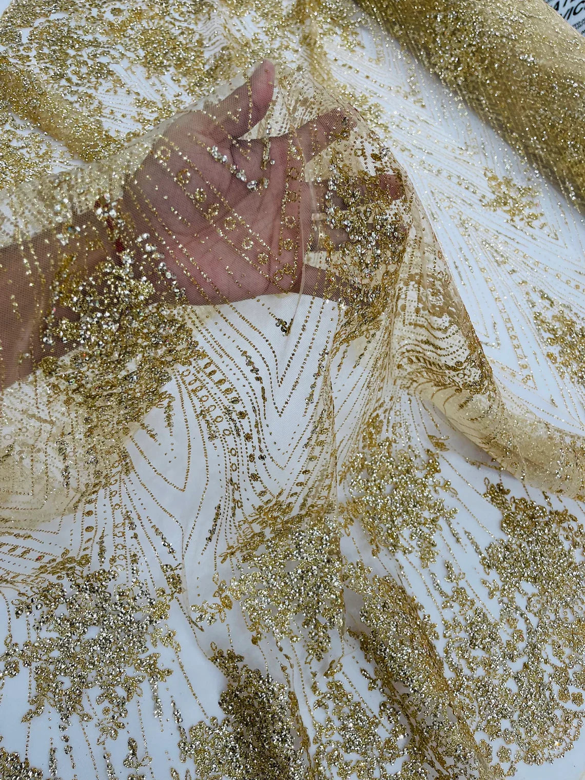 Damask Glitter Fabric - Champagne - Geometric Glitter Design Fabric on Mesh by Yard