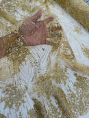 Damask Glitter Fabric - Champagne - Geometric Glitter Design Fabric on Mesh by Yard