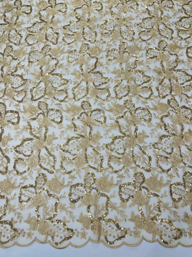 Small Flower Sequins Lace Fabric - Champagne - Embroidered Floral Pattern Fabric with Sequins on Lace By Yard