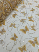 3D Butterfly Beaded Fabric - Champagne - Beaded Sequins Butterfly Embroidered Fabric By Yard