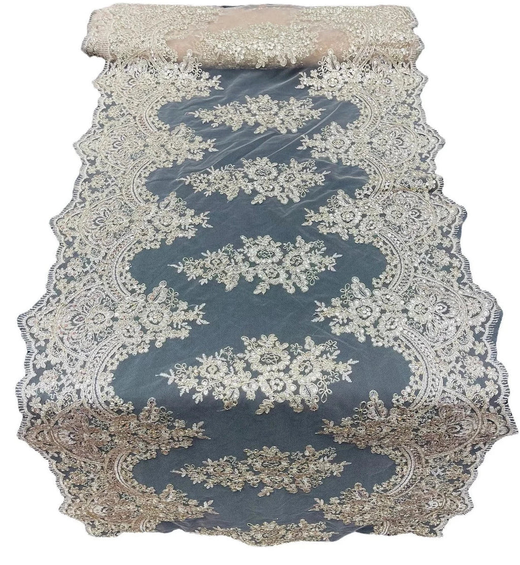 21" Floral Lace Metallic Design Table Runner - Champagne - Floral Runner for Event Decor Sold By The Yard