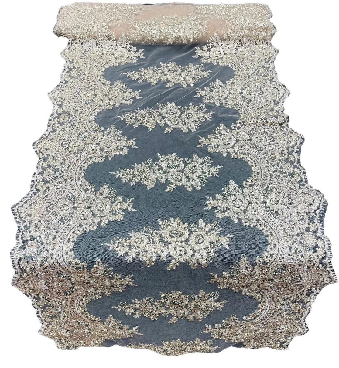 21" Floral Lace Metallic Design Table Runner - Champagne - Floral Runner for Event Decor Sold By The Yard