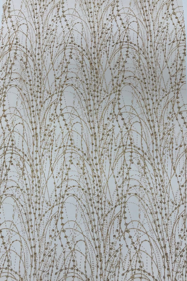 Tulle Glitter Fancy Line Fabric - Champagne - Tulle Fabric with Sparkle Glitter Design Sold By Yard