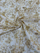 Butterfly Sequins Fabric - Champagne - Metallic Floral Butterfly Design on Lace Fabric By Yard