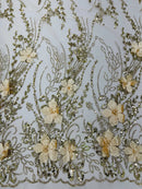 3D Glitter Floral Design Fabric - Champagne - Floral Line Design Embroidered Sequins Fabric by Yard