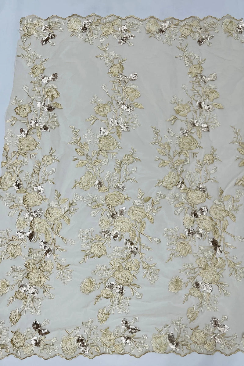 Sequins Lace Rose Design - Champagne - Embroidered Rose Plant Design on Lace Fabric Sold By Yard