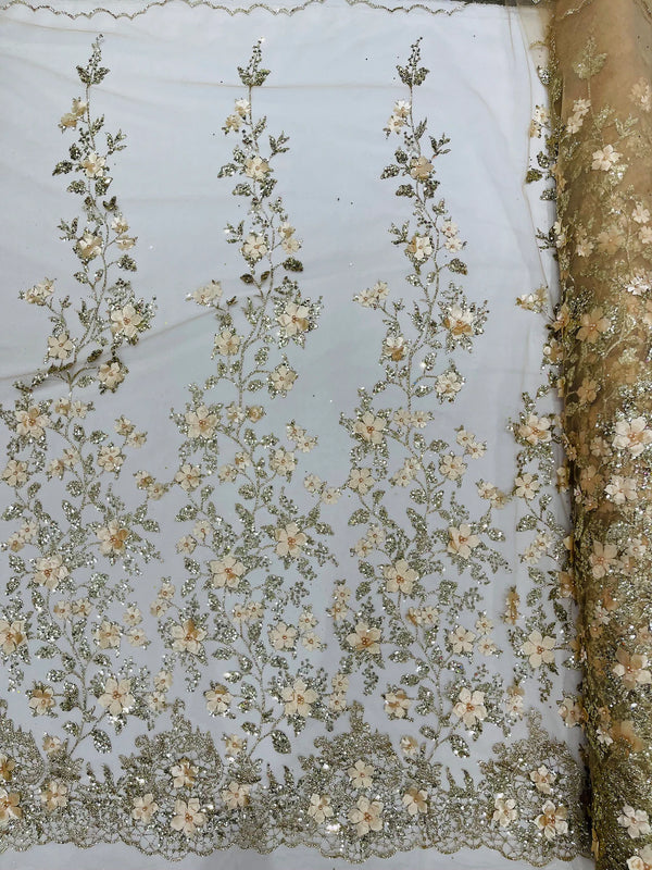 3D Flower Glitter Fabric - Champagne - Floral Glitter Sequin Design on Lace Mesh Fabric by Yard