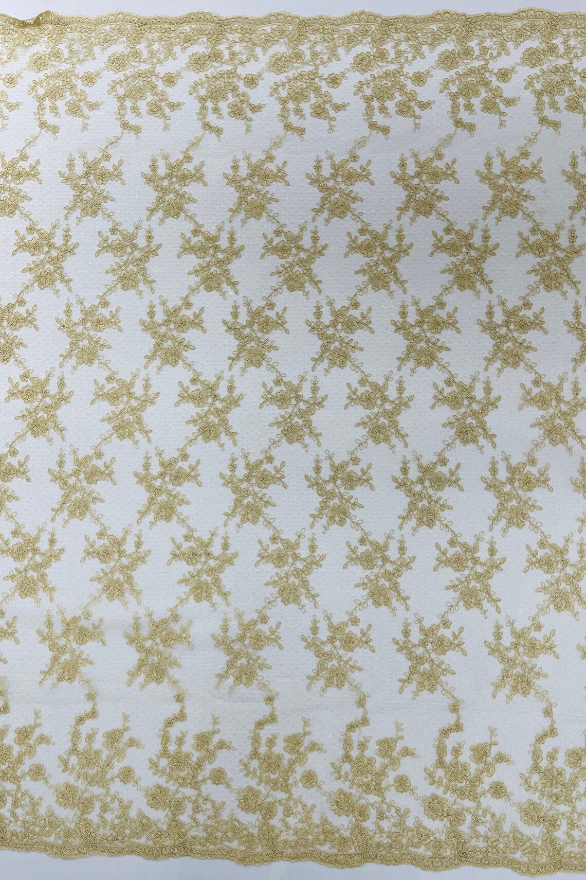 Embroidered Corded Lace Fabric - Champagne - Cluster Fancy Flower Embroidered Lace Fabric By Yard