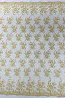 Embroidered Corded Lace Fabric - Champagne - Cluster Fancy Flower Embroidered Lace Fabric By Yard