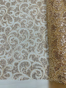 Beaded Swirl Design Fabric - Champagne - Swirl Design with Beads and Sequins on Lace by Yard